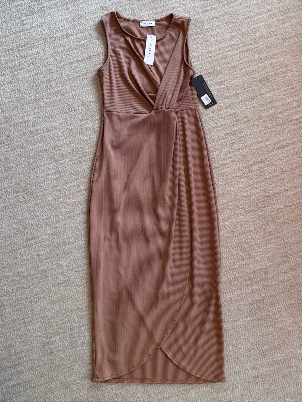 Gilli Camel-Brown Sleeveless Faux-Wrap Midi Dress